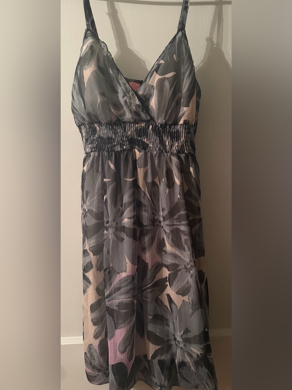 She's Cool Floral Mini Dress in Gray and Cream with Pink Accents